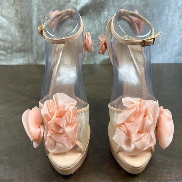 Charlotte Olympia Fleur Platform Sandals Heels Organza Flowers Pink Nude 38 1/2 - Picture 2 of 16